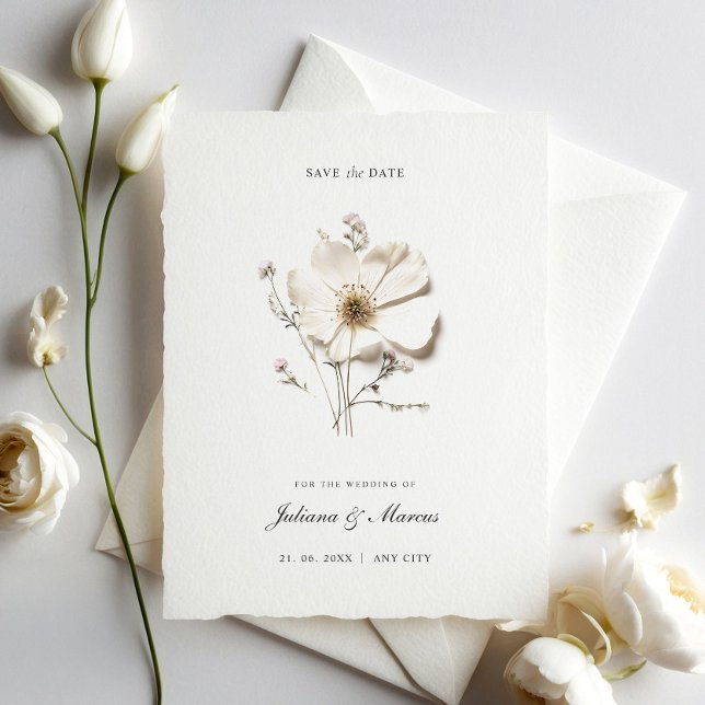 Chic White Pressed Flower Save The Date (Creator Uploaded)