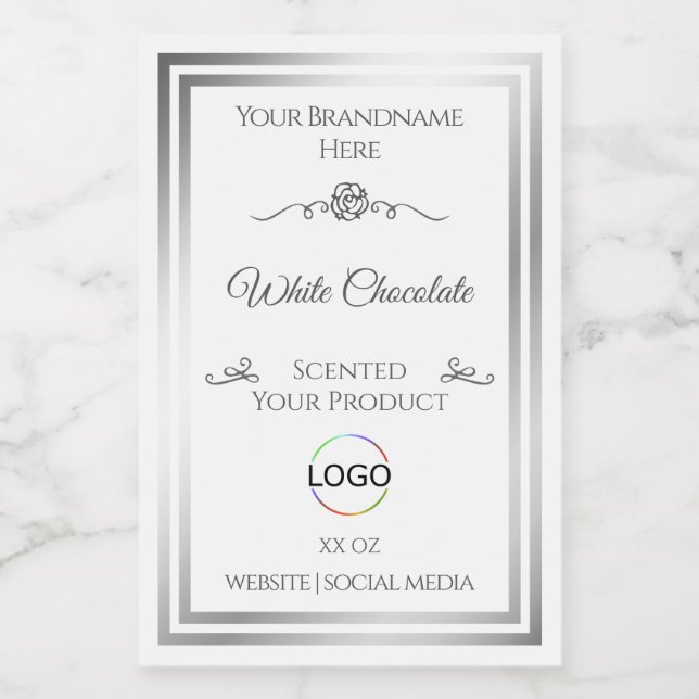 Chic White Product Label Silver Frame with Logo (Single Label)