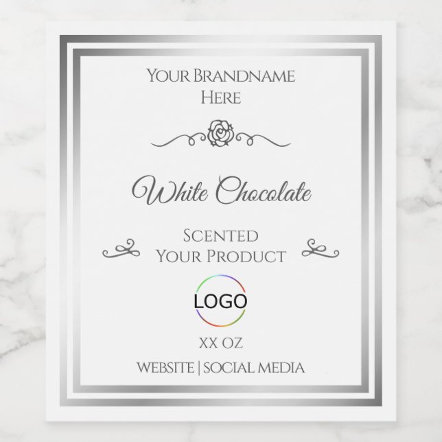 Chic White Product Label Silver Frame with Logo (Single Label)