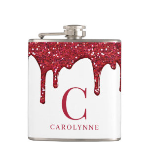 Chic White Red Sparkle Glitter Drips Monogram Hip Flask