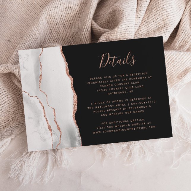 Chic White Rose Gold Agate Dark Wedding Details Enclosure Card (Creator Uploaded)