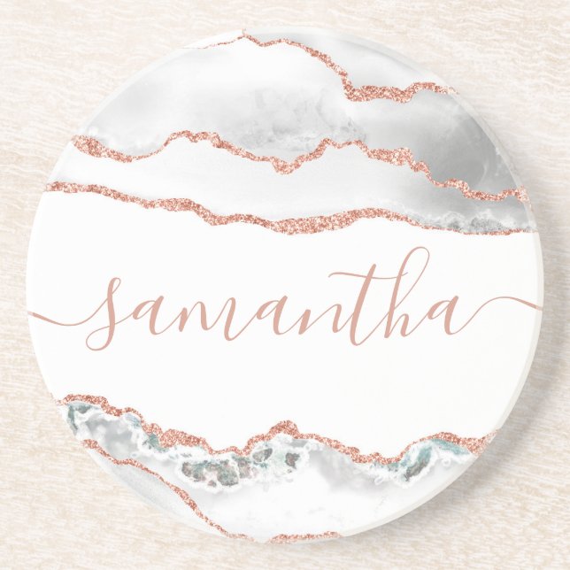 Chic White Rose Gold Glitter Agate Custom Name Coaster (Front)