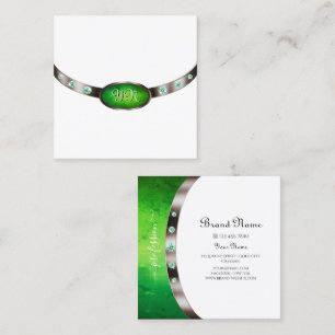 Chic White Rose Gold Green Marble Jewels Monogram Square Business Card