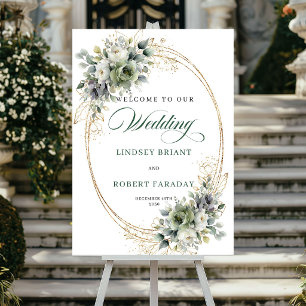 Chic White Roses Botanical Wedding Welcome Sign