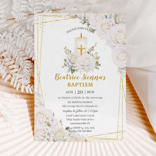 Chic White Roses Floral Baptism Christening Candle Invitation