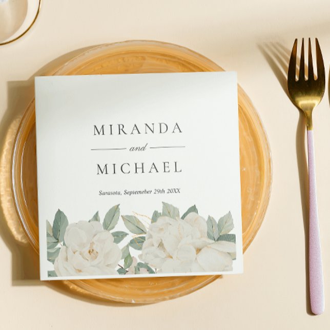 CHIC WHITE ROSES FLOWERS Botanical Monogram Napkin (Creator Uploaded)