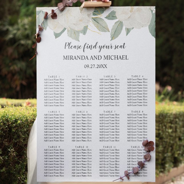CHIC WHITE ROSES FLOWERS BOTANICAL wedding seating Poster (Creator Uploaded)