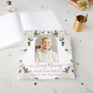 Chic White Roses Memorial Funeral Rose Gold Photo Guest Book