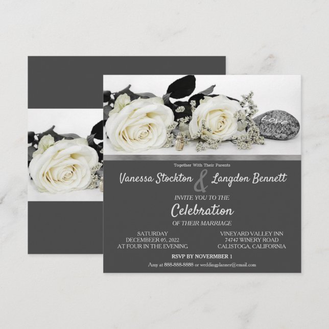 Chic White Rose's Wedding Invitation (Front/Back)