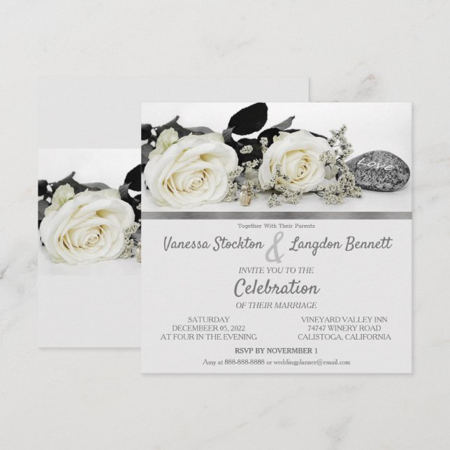 Chic White Rose's Wedding Invitation (Front/Back)
