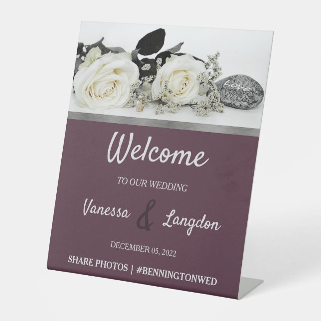 Chic White Rose's Wedding  Pedestal Sign (Front)