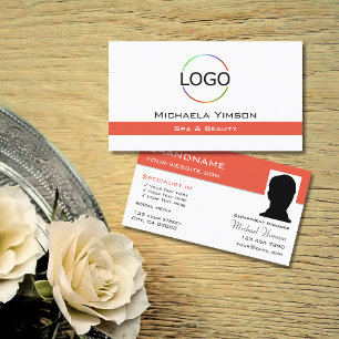 Chic White Salmon with Logo and Photo Professional Business Card