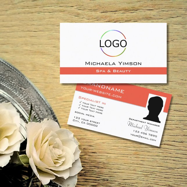 Chic White Salmon with Logo and Photo Professional Business Card (Creator Uploaded)