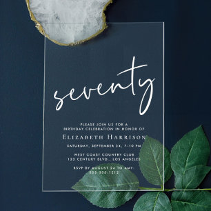 Chic White Script 70th Birthday Party Acrylic Invitations