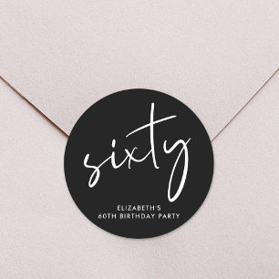 Chic White Script Black 60th Birthday Party Classic Round Sticker