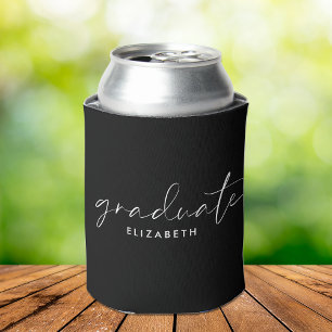 Chic White Script Black Graduation Can Cooler
