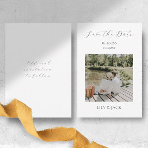 Chic White Script Couple Photo Save The Date Card