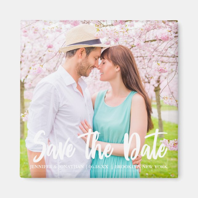 Chic White Script Engagement Photo Magnetic Card Magnet (Front)