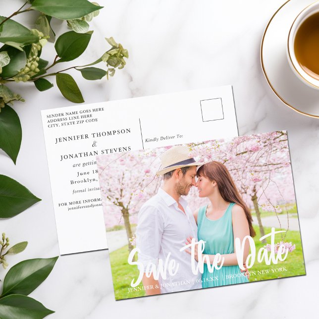 Chic White Script Engagement Photo Save the Date Postcard (Creator Uploaded)