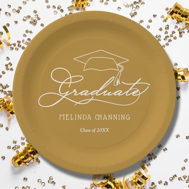 Chic White Script Grad Cap Gold Graduation Paper Plate (White script grad cap on gold personalized graduation party paper plates, napkins in our store)
