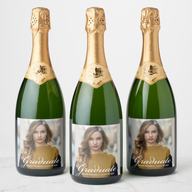 Chic White Script Modern Graduate Photo Party Sparkling Wine Label (Bottles)