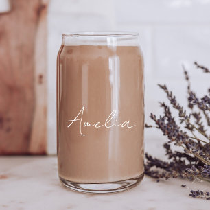 Chic White Script Monogram Can Glass