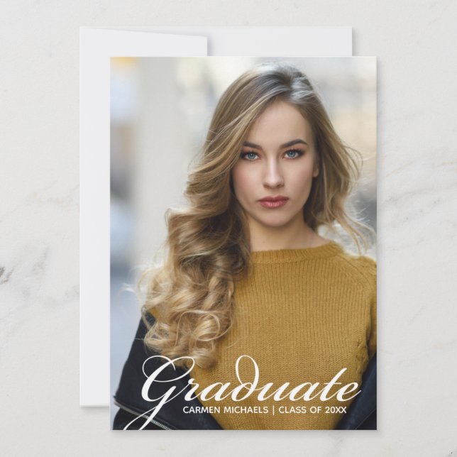 Chic White Script Overlay Graduate Photo Announcement (Front)