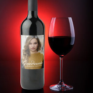Chic White Script Overlay Modern Graduate Photo Wine Label
