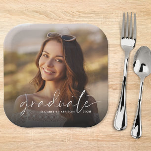 Chic White Script Photo Overlay Graduation Party Paper Plate