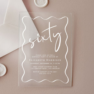 Chic White Script Wavy Frame 60th Birthday Party Acrylic Invitations