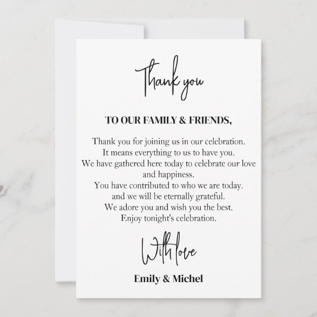 Chic White Sienna Wedding Reception Table  Thank You Card (Front)