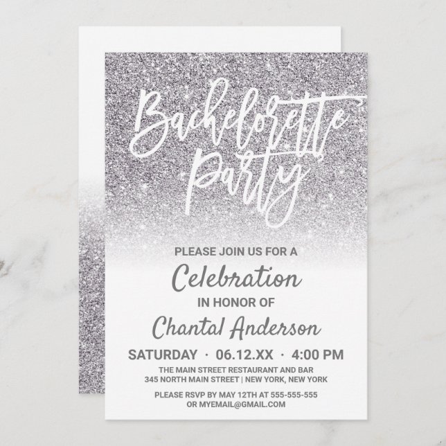 Chic White Silver Faux Glitter Ombre Bachelorette Invitation (Front/Back)