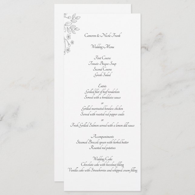Chic White Silver Foil Floral Reception Menu Card (Front/Back)