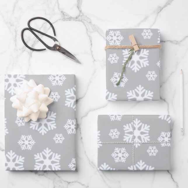 Chic White Snowflakes Nordic Pattern on Light Grey Wrapping Paper Sheet (Front)