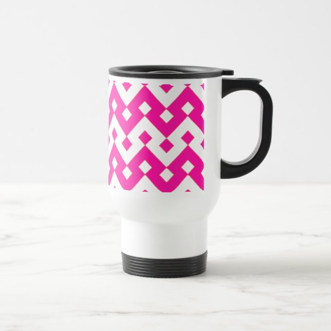 Chic White Travel Mug, Candy Pink Geometric Mug (Right)