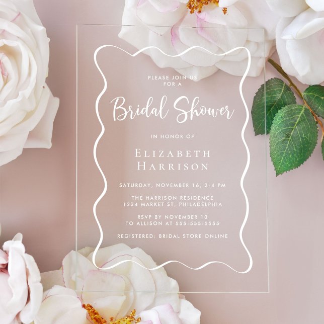 Chic White Wavy Frame Bridal Shower Acrylic Invitations (Creator Uploaded)