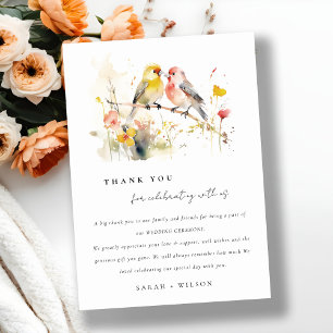 Chic Wild Botanical Watercolor Love Birds Wedding Thank You Card