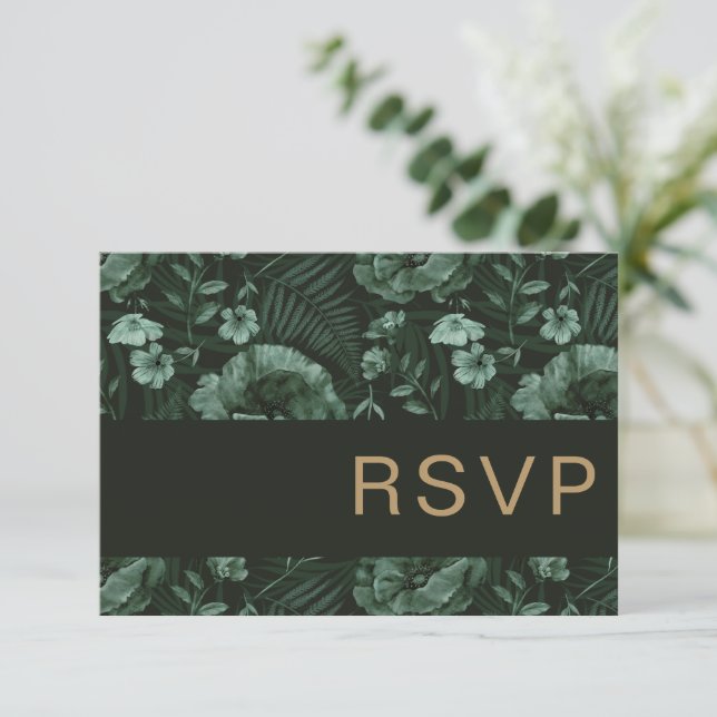 Chic Wild Flower Bottle Green Wedding RSVP Card (Standing Front)