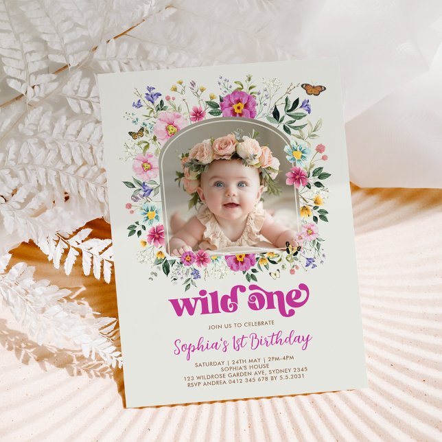 Chic Wild One Spring Wildflower 1st Birthday Photo Invitation (Creator Uploaded)