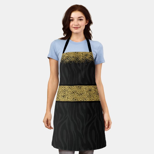 Chic Wild Zebra Pattern Gold Glitter-Look Confetti Apron (Worn)