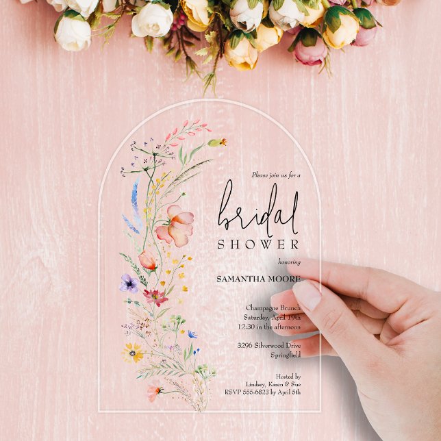 Chic Wildflower Bridal Shower Arch-Top Acrylic Invitations (Wildflower bridal shower arch-top invitations - choose clear or frosted acrylic)