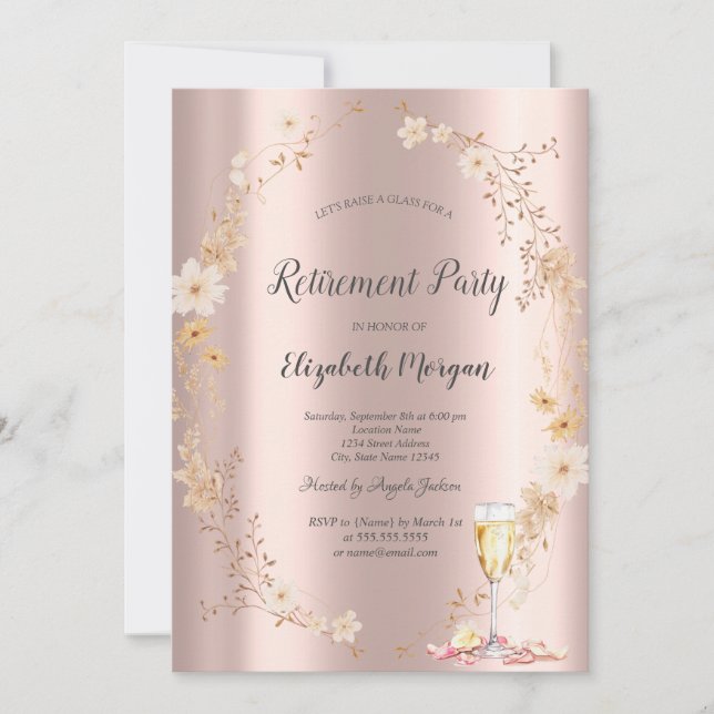 Chic Wildflower Champagne Rose Gold Retirement  Invitation (Front)