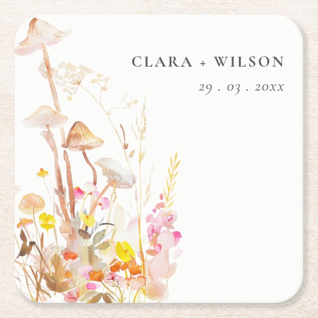 Chic Wildflower Mushroom Autumn Botanical Wedding Square Paper Coaster (Front)