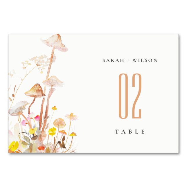 Chic Wildflower Mushroom Autumn Botanical Wedding Table Number (Front)