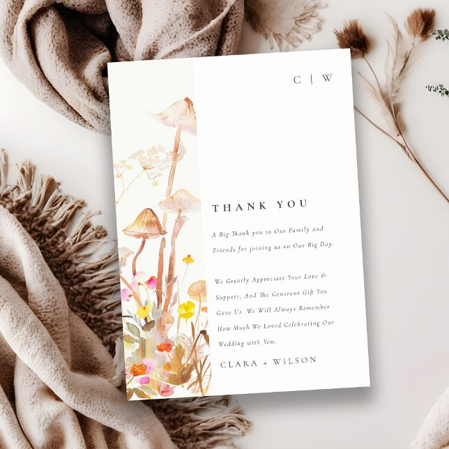 Chic Wildflower Mushroom Autumn Botanical Wedding Thank You Card (Creator Uploaded)