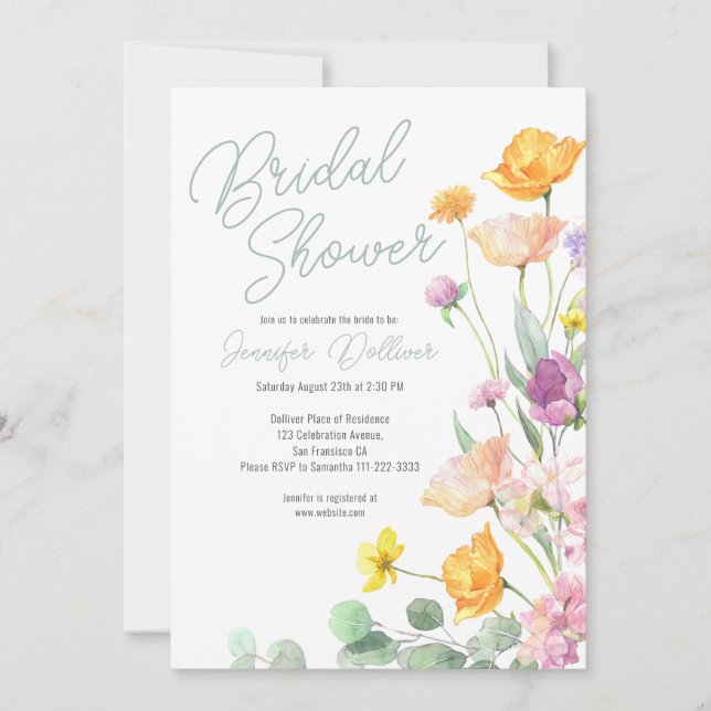 Chic Wildflower Script Bridal Shower Invitation (Front)