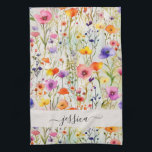 Chic wildflower script name  tea towel<br><div class="desc">Modern kitchen towel with a wildflower pattern and a feminine,  hand lettered script name. Personalise with your name.</div>