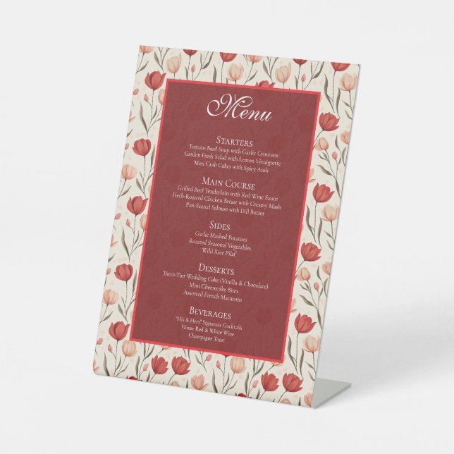 Chic Wildflower Tulip Minimalist Wedding Menus Pedestal Sign (Front)