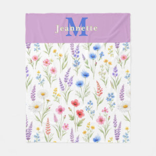 Chic Wildflower Watercolor Floral Monogram Name Fleece Blanket