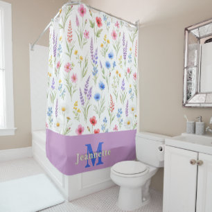 Chic Wildflower Watercolor Floral Monogram Name  Shower Curtain